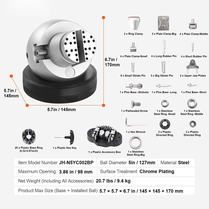 Pallopuristin teräksinen 127mm pallo 360 asteen pyörivä jalusta 69 osaa