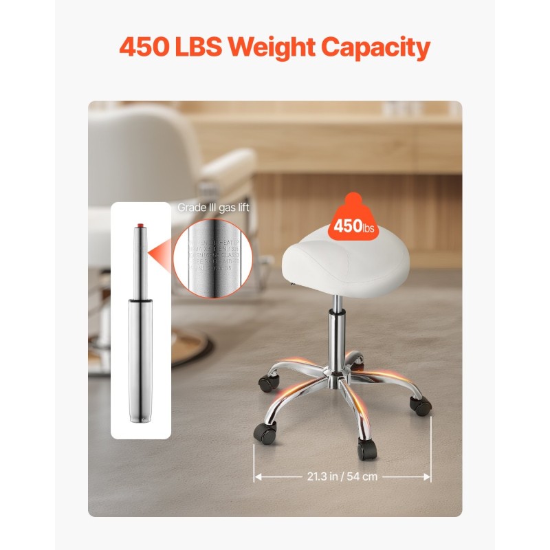 Satulatuoli pyörillä säädettävä 55–71 cm PU-nahka 204 kg valkoinen