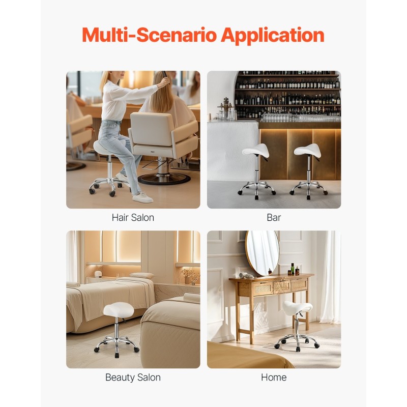 Satulatuoli pyörillä säädettävä 55–71 cm PU-nahka 204 kg valkoinen