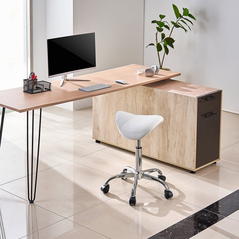 Satulatuoli pyörillä säädettävä 55–71 cm PU-nahka 204 kg valkoinen