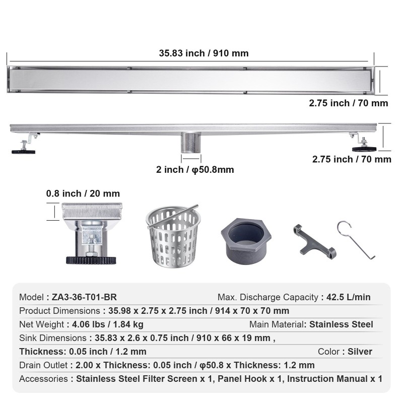 Linjakaivo 610 mm harjattu 304 ruostumaton teräs laattakannella säädettävillä jaloilla hiussihdillä