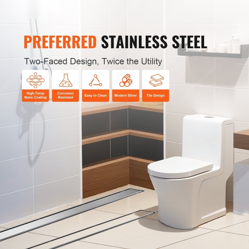 Lineaarinen suihkukaivo 914 millimetriä 304 ruostumatonta terästä laattakannella korkeussäädettävillä jaloilla hiussihdillä