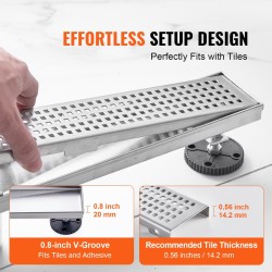 Lineaarinen suihkukaivo 610 mm 304-ruostumaton teräs harjattu neliökuvioitu ritilä säädettävät jalat hiussuodatin