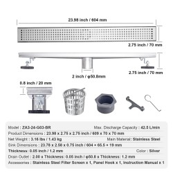 Lineaarinen suihkukaivo 610 mm 304-ruostumaton teräs harjattu neliökuvioitu ritilä säädettävät jalat hiussuodatin