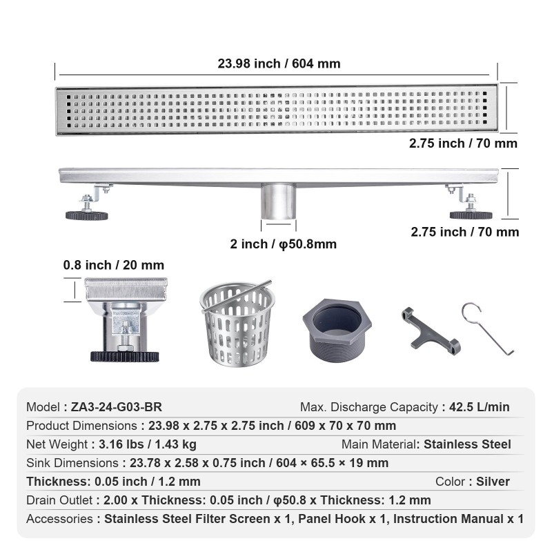 Lineaarinen suihkukaivo 610 mm 304-ruostumaton teräs harjattu neliökuvioitu ritilä säädettävät jalat hiussuodatin