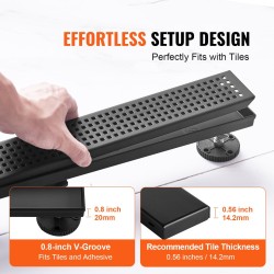 Suoralinjainen lattiakaivo 610 mm 304-ruostumatonta terästä mattamusta neliöritilällä hiussuodattimella