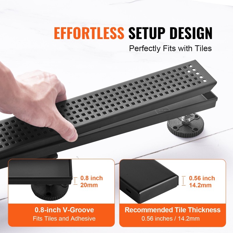 Suoralinjainen lattiakaivo 610 mm 304-ruostumatonta terästä mattamusta neliöritilällä hiussuodattimella