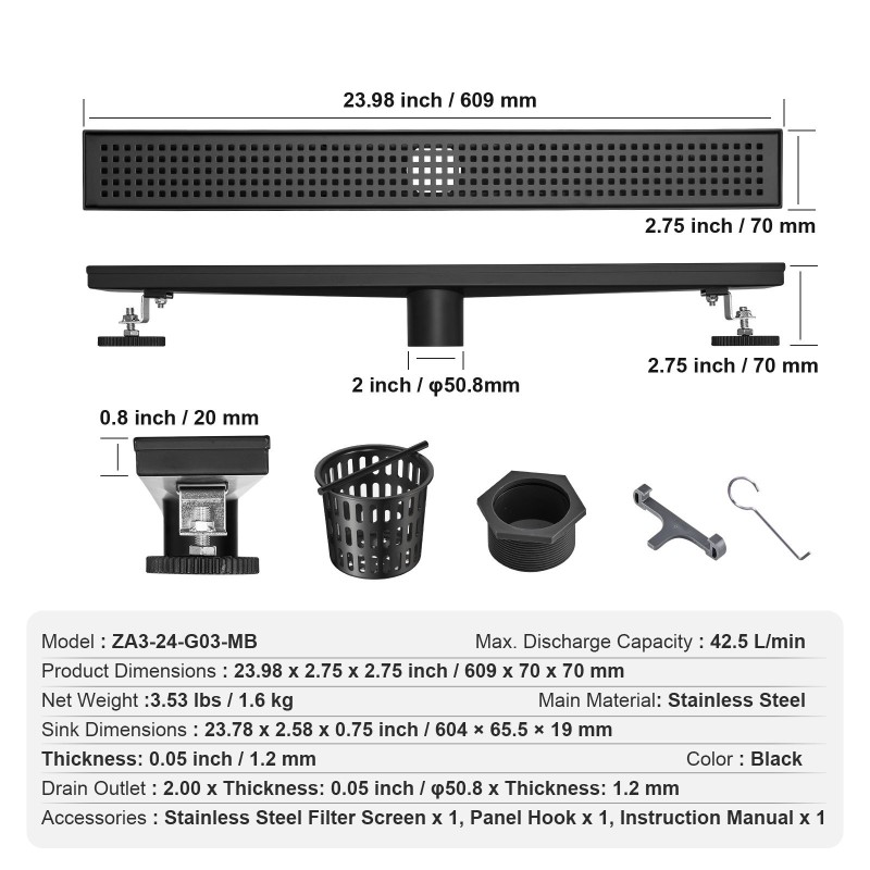 Suoralinjainen lattiakaivo 610 mm 304-ruostumatonta terästä mattamusta neliöritilällä hiussuodattimella