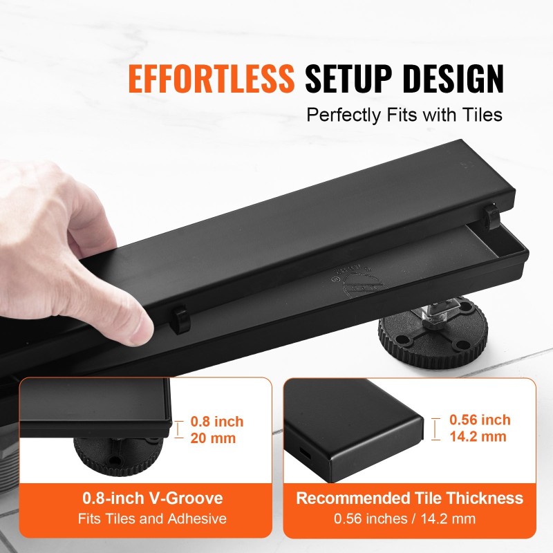 Lineaarinen lattiakaivo 610 mm harjattua 304-ruostumatonta terästä laatta-asennuskansi hiussuodatin musta suihkutiloihin