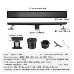 Lineaarinen lattiakaivo 610 mm harjattua 304-ruostumatonta terästä laatta-asennuskansi hiussuodatin musta suihkutiloihin