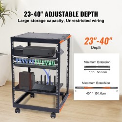 Avoin 15U hiiliteräs palvelinteline 19 tuuman asennusleveydelle säädettävä syvyys 58,5–101,6 cm pyörillä