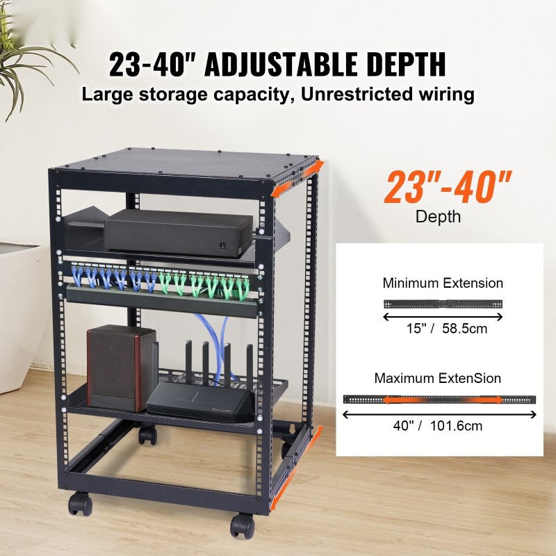Avoin 15U hiiliteräs palvelinteline 19 tuuman asennusleveydelle säädettävä syvyys 58,5–101,6 cm pyörillä