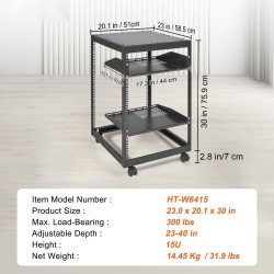 Avoin 15U hiiliteräs palvelinteline 19 tuuman asennusleveydelle säädettävä syvyys 58,5–101,6 cm pyörillä