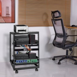 Avoin 15U hiiliteräs palvelinteline 19 tuuman asennusleveydelle säädettävä syvyys 58,5–101,6 cm pyörillä