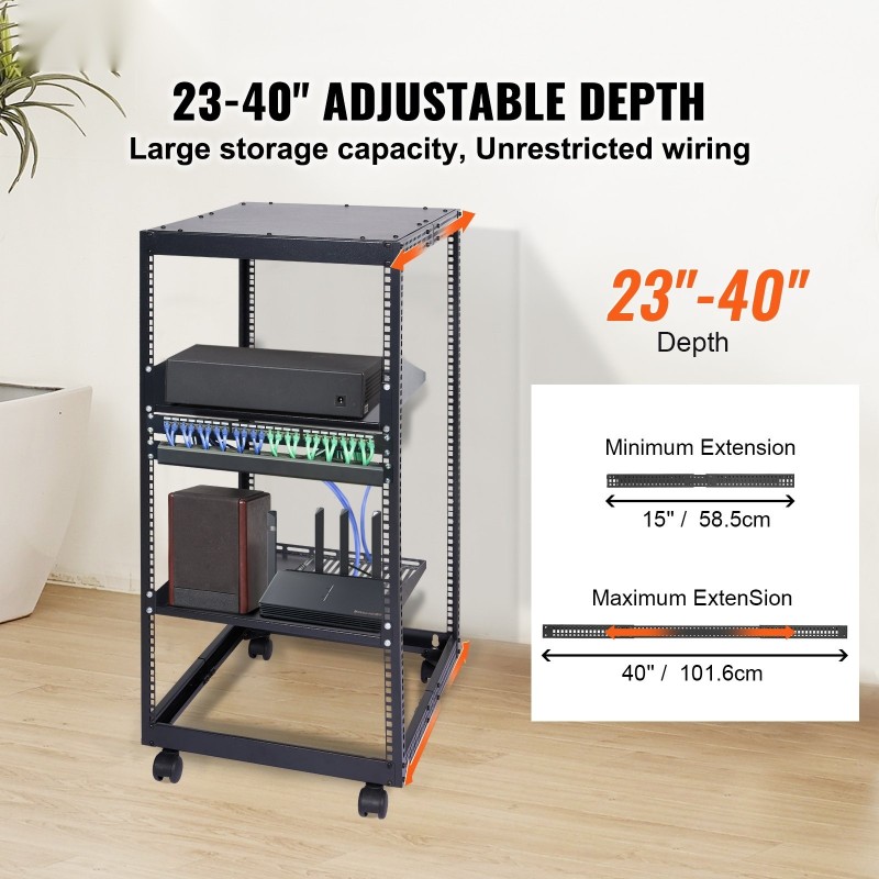 20U avokehyksinen hiiliteräs palvelinteline säädettävä syvyys 58–101,6 cm musta