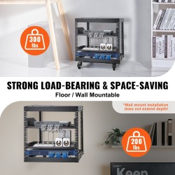 Avoin 9U nelipilarinen teräs palvelinteline säädettävä syvyys 584–1016 mm pyörillä