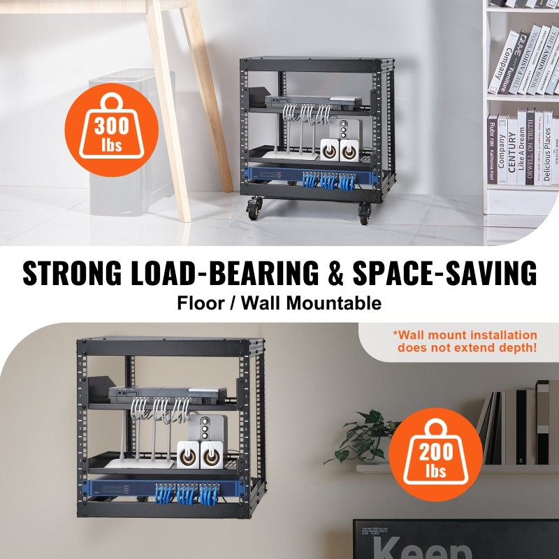 Avoin 9U nelipilarinen teräs palvelinteline säädettävä syvyys 584–1016 mm pyörillä