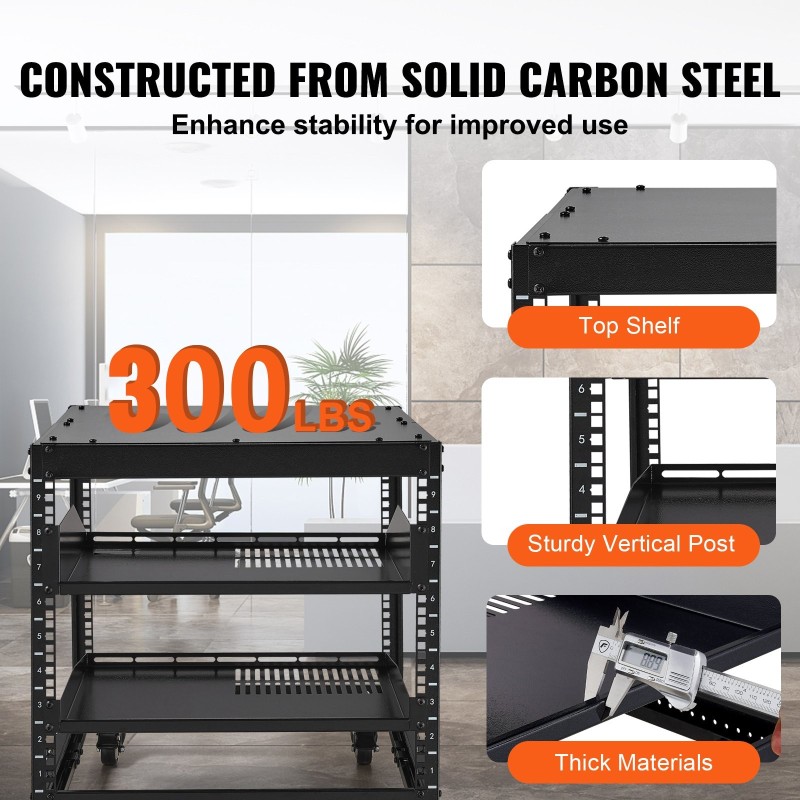 Avoin 9U nelipilarinen teräs palvelinteline säädettävä syvyys 584–1016 mm pyörillä