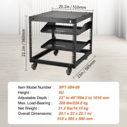 Avoin 9U nelipilarinen teräs palvelinteline säädettävä syvyys 584–1016 mm pyörillä