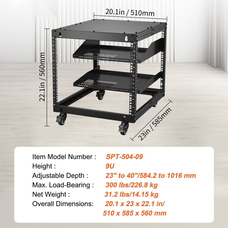 Avoin 9U nelipilarinen teräs palvelinteline säädettävä syvyys 584–1016 mm pyörillä