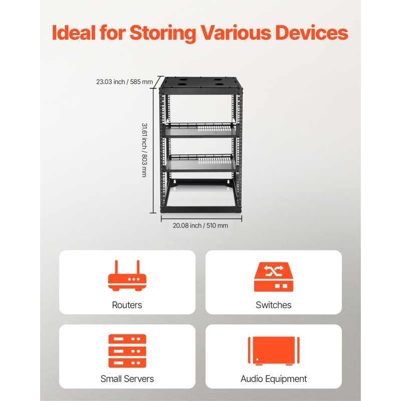 Avokehyksinen 16U verkkoteline nelipylväinen hiiliteräs 585 mm syvyys seinä tai lattia-asennus