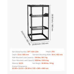 Avokehikkoinen 20U verkkoteline nelipilarinen hiiliteräs 585 mm syvyys seinä tai lattia
