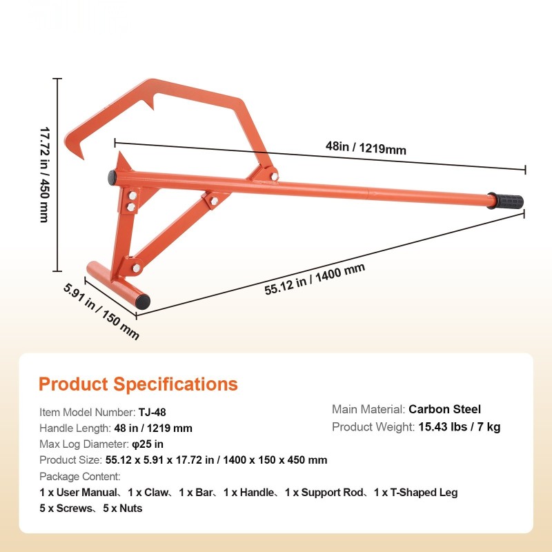 Tukkinostin hiiliteräksinen 1219 mm kahvalla säädettävällä koukulla enintään 25 tuuman halkaisijalle