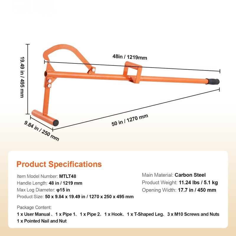 Tukinnostin hiiliteräksinen monitoiminen 1219 mm säädettävällä koukulla maksimihalkaisija 15 tuumaa