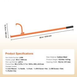 Puunkäsittelykoukku 1500 mm hiiliteräs säädettävä kumipäällysteinen kahva sopii jopa 813 mm tukkeihin