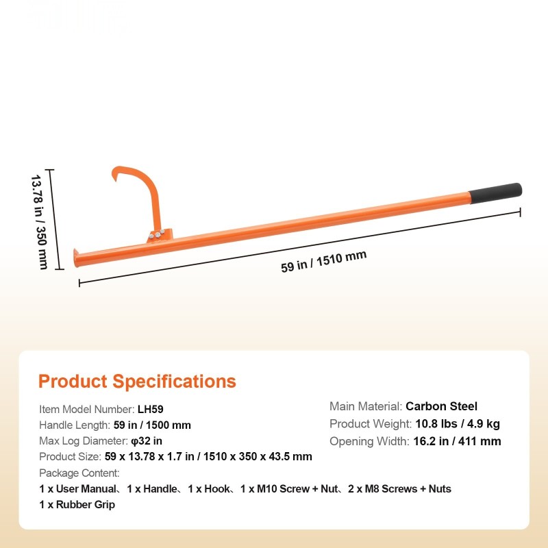 Puunkäsittelykoukku 1500 mm hiiliteräs säädettävä kumipäällysteinen kahva sopii jopa 813 mm tukkeihin