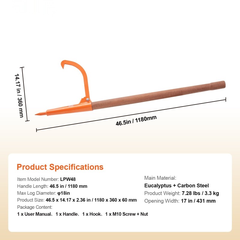 Puutavarankääntäjä 1180 mm eukalyptuspuukahvalla hiiliteräsrunko säädettävällä koukulla 18 tuuman tukkeihin