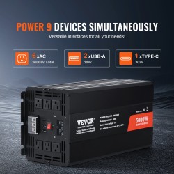 Muokattu siniaaltoinvertteri 5000W 12V-230V alumiiniseoskotelo 2 AC-pistorasiaa 2 USB-porttia 1 Type-C-portti