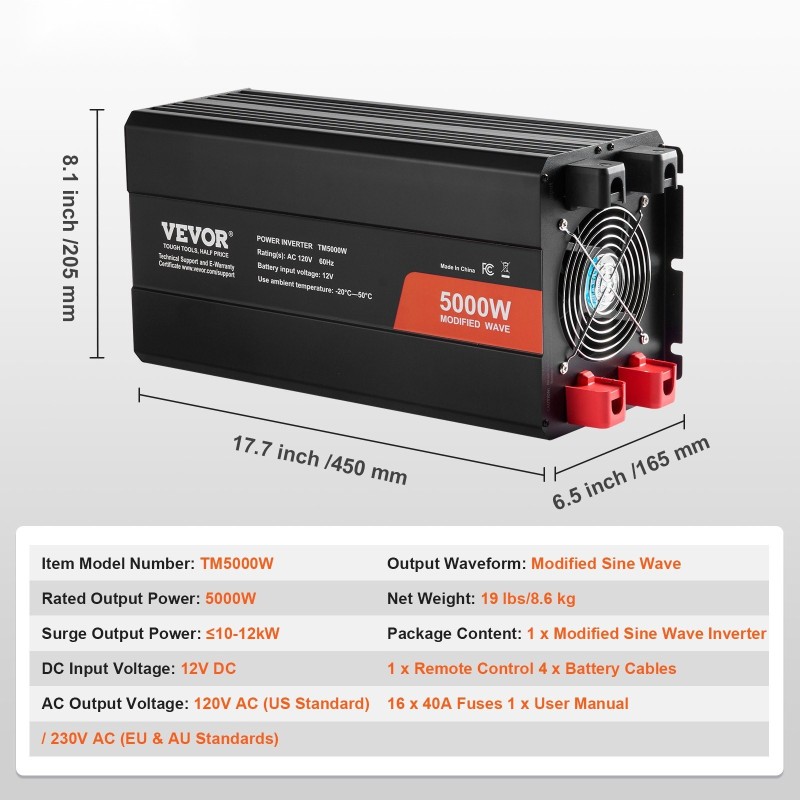 Muokattu siniaaltoinvertteri 5000W 12V-230V alumiiniseoskotelo 2 AC-pistorasiaa 2 USB-porttia 1 Type-C-portti