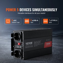 Muokattu siniaaltoinvertteri 1500W 12V 230V 2 AC 2 USB C portti alumiiniseoskuori