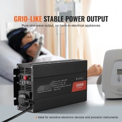 Puhdas siniaaltoinvertteri 12V 230V 1000W alumiinikuori kaksi AC-pistorasiaa kaksi USB-porttia yksi Type-C-portti