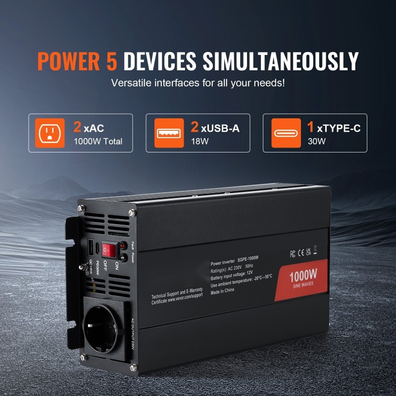 Puhdas siniaaltoinvertteri 12V 230V 1000W alumiinikuori kaksi AC-pistorasiaa kaksi USB-porttia yksi Type-C-portti