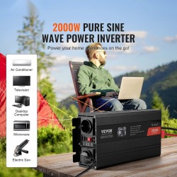 Puhdas siniaaltoinvertteri 12V–230V 2000W 2 AC-pistorasiaa 2 USB-porttia USB-C-portti LCD kauko-ohjain
