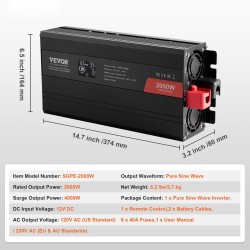 Puhdas siniaaltoinvertteri 12V–230V 2000W 2 AC-pistorasiaa 2 USB-porttia USB-C-portti LCD kauko-ohjain
