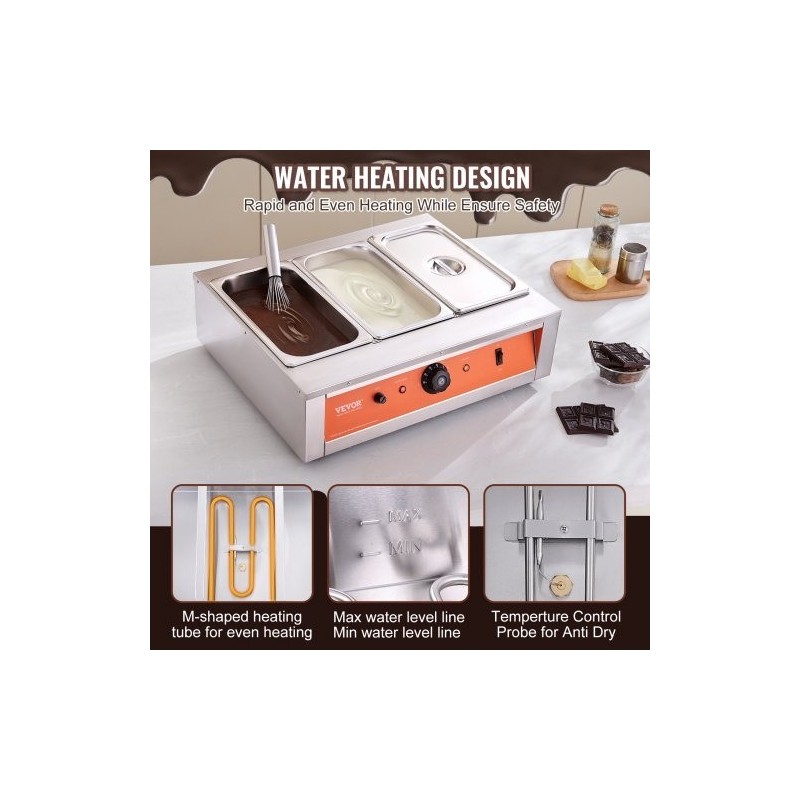 Kolmisäiliöinen suklaan sulatuslaite ruostumaton teräs 3 x 3,3 l säädettävä lämpötila