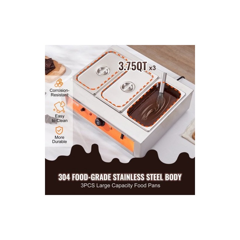 Kolmisäiliöinen suklaan sulatuslaite ruostumaton teräs 3 x 3,3 l säädettävä lämpötila