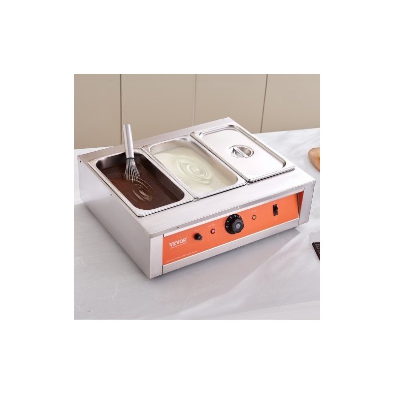 Kolmisäiliöinen suklaan sulatuslaite ruostumaton teräs 3 x 3,3 l säädettävä lämpötila