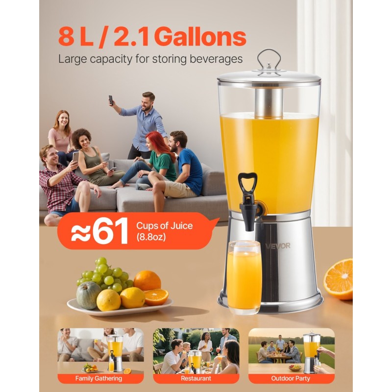 Juoma-annostelija 8 L ruostumaton teräs ja elintarvikekäyttöön soveltuva PC-muovi tippumattomalla hanalla