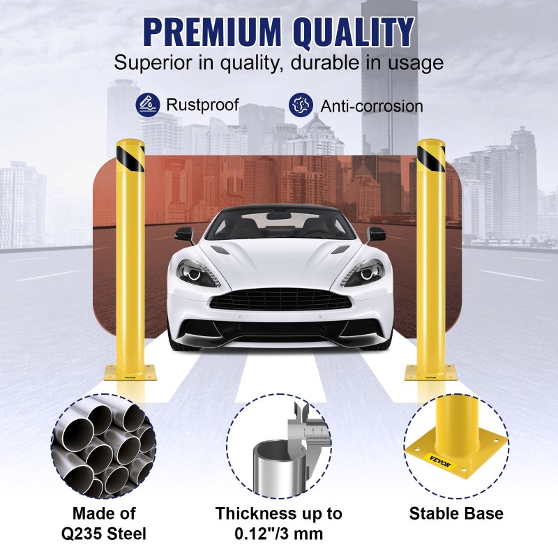 Teräksinen turvapaalu 91cm halkaisija 11,4cm 3mm seinämä 2 kpl keltamusta 8 ankkuripulttia