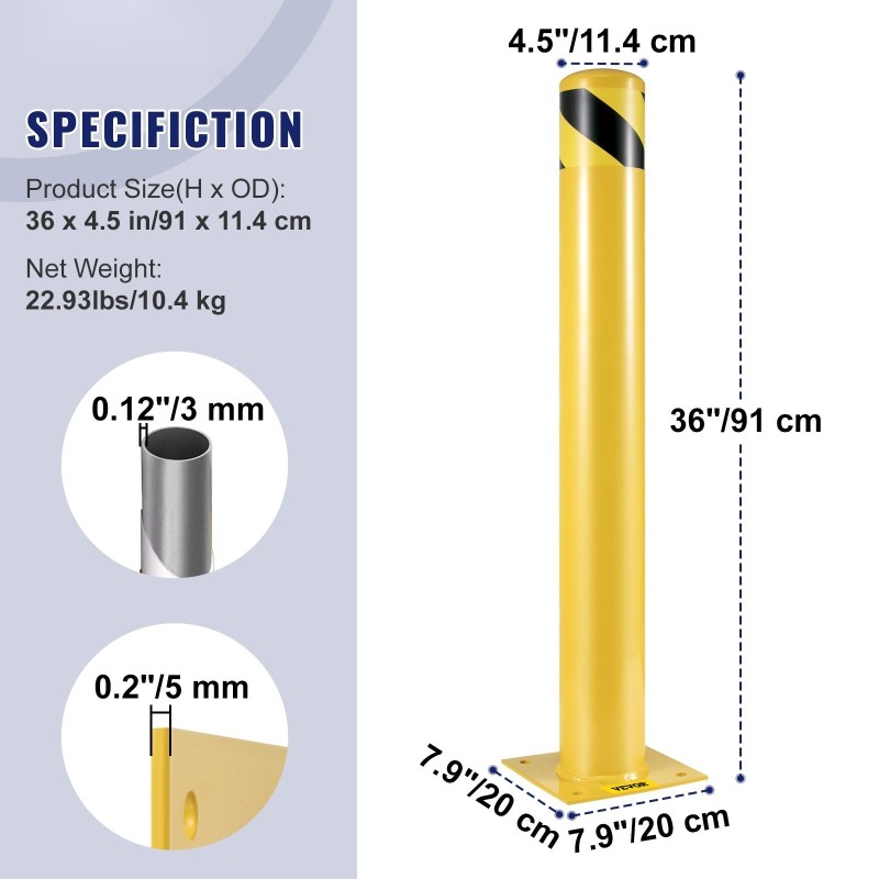 Teräksinen turvapaalu 91cm halkaisija 11,4cm 3mm seinämä 2 kpl keltamusta 8 ankkuripulttia