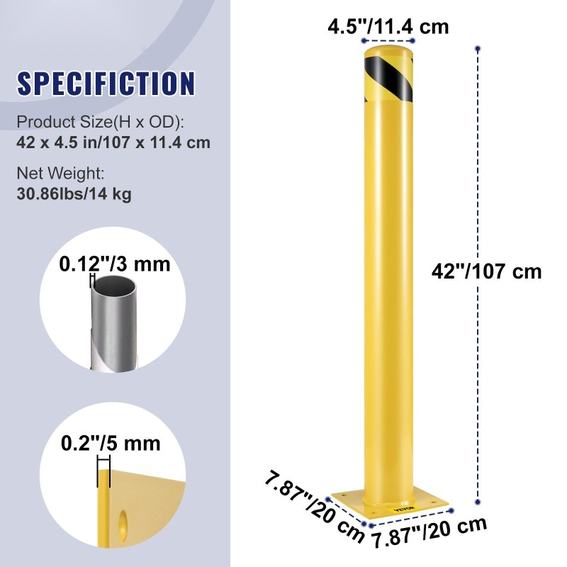 Teräksinen turvapollari 107 cm korkea 11,4 cm halkaisijalla 2 kpl keltamusta