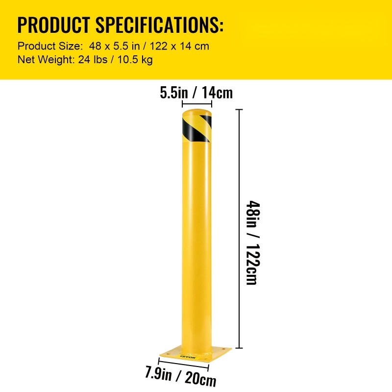 Teräksinen turvoposti 122 cm korkea 14 cm halkaisija keltamusta 4 ankkuripulttia