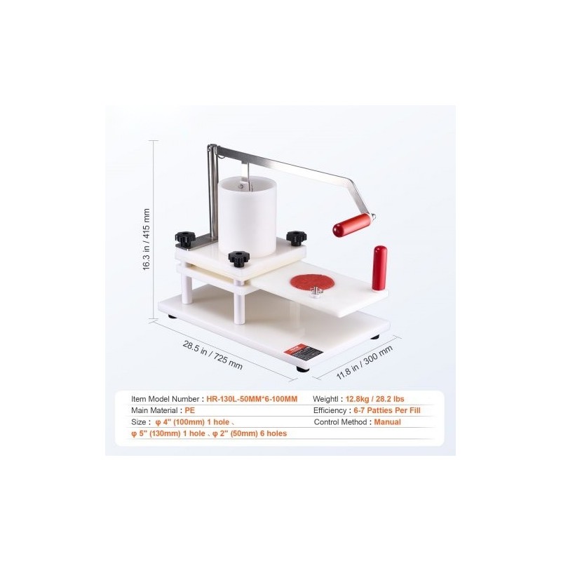 Manuaalinen hampurilaispihvimuotti elintarvikekelpoinen polyeteeni 1,5 kg syöttösäiliö 2 4 ja 5 tuumaa