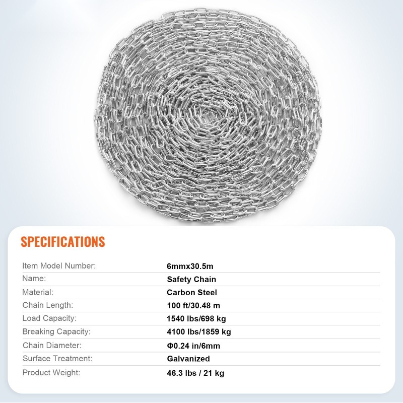 Kelaketju sinkitty hiiliteräs 6mm 30,48m 698kg työkuorma 2 pikalukkoa