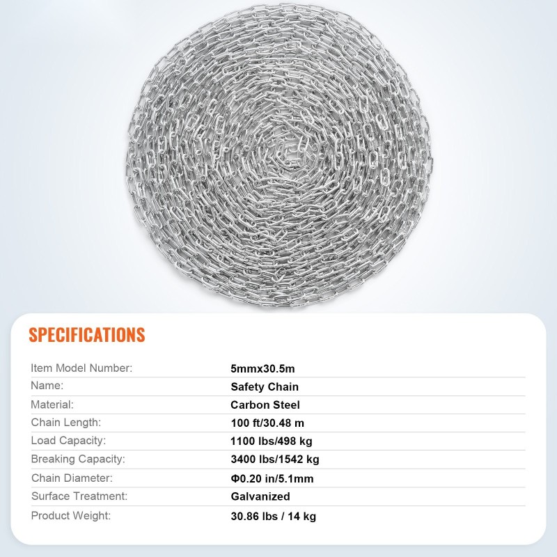 Kelaketju hiiliteräs galvanoitu 5,1 mm 30,48 m 498 kg kaksi pikalukkoa