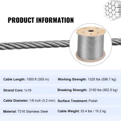 Ruostumaton T316 teräsvaijeri 1x19 3,2 mm 300 m kaiteisiin